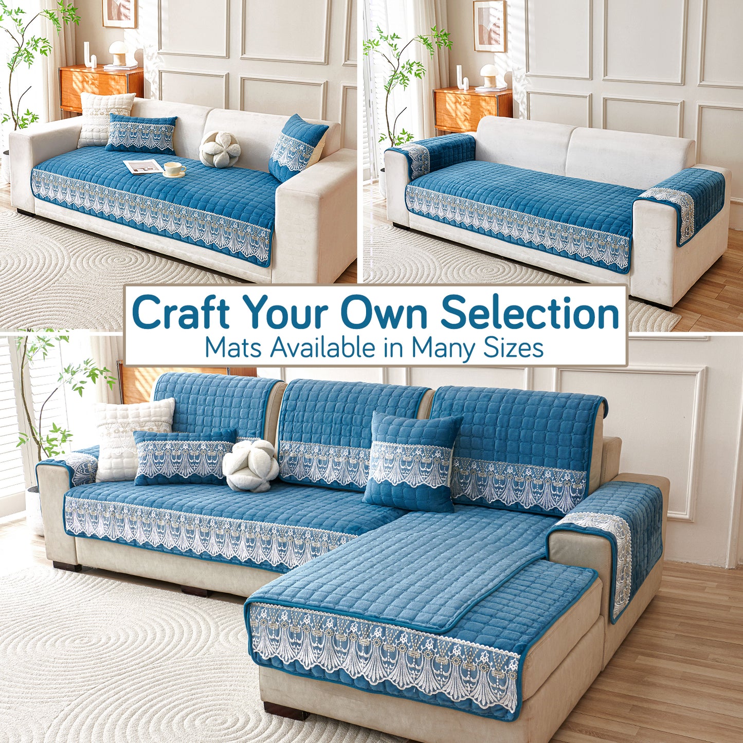 BelleLace Series Imperial Milk Velvet Sofa Cover Mat with Lace Design - Celdaon Blue