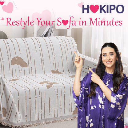 Premium 320 GSM Chenille Sofa Cover Throw All Season 'Serene Abode Series', Beige Ginkgo Lines