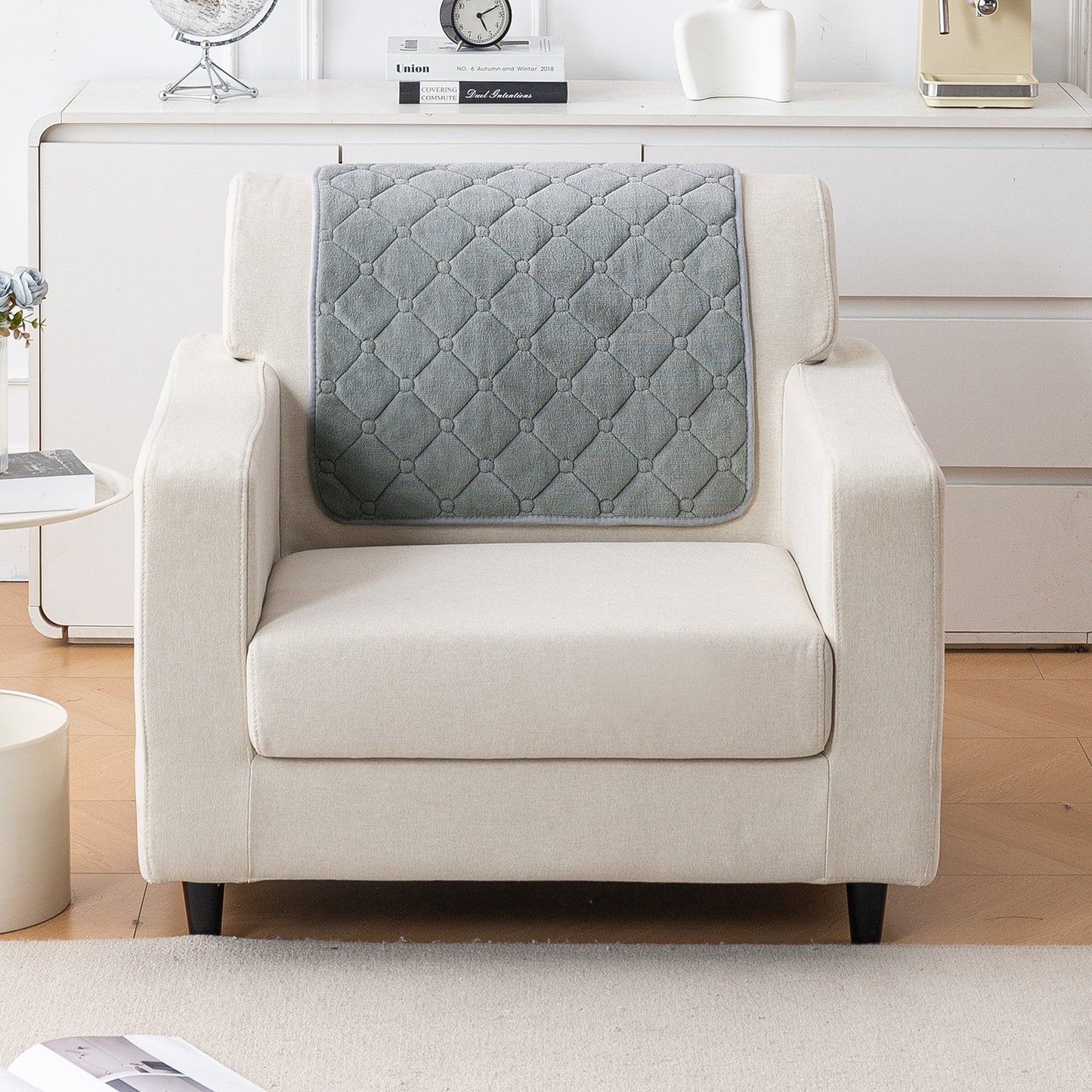Diamond Tuft Plush Sofa Cover Mat, Stone Grey