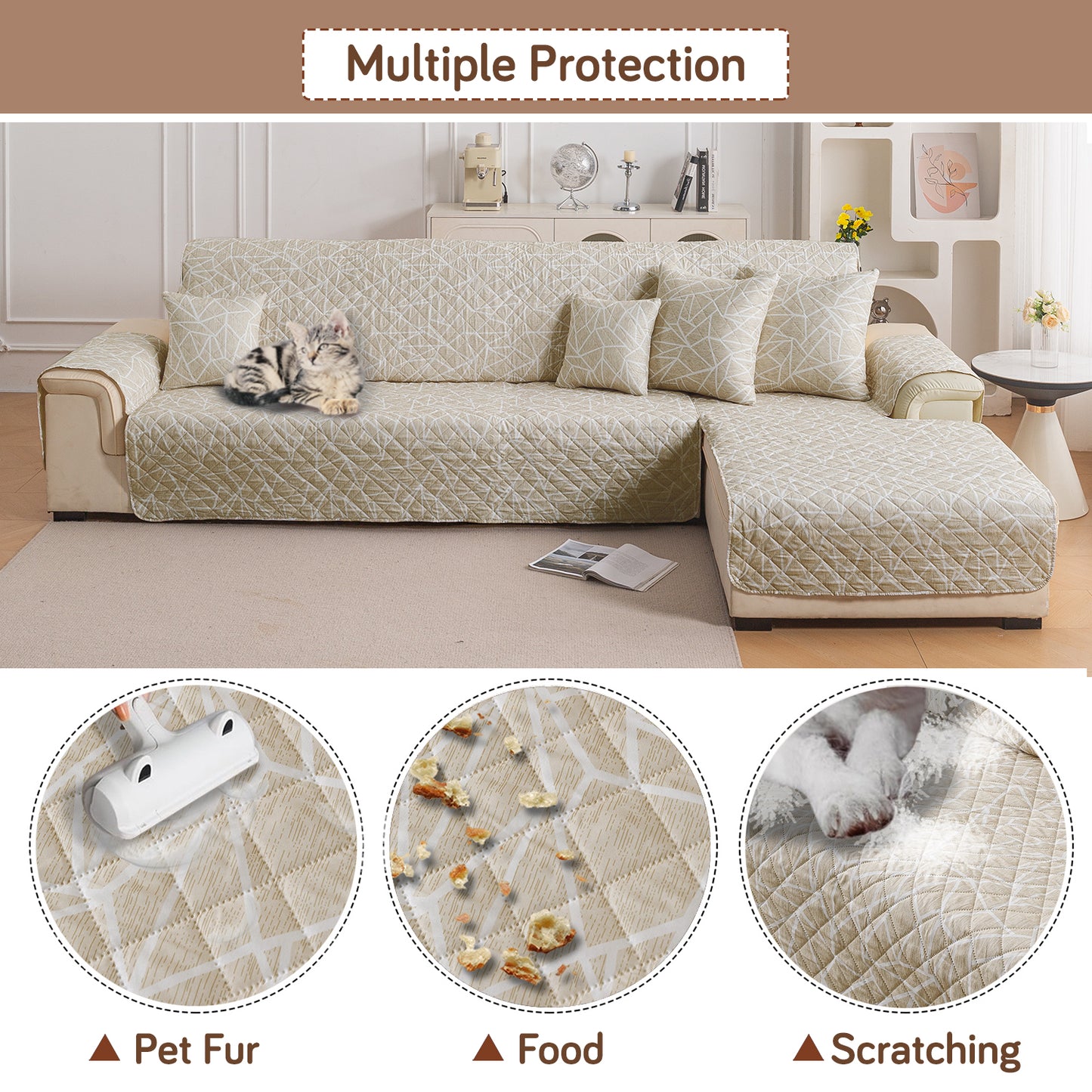 Elira Series Quilted One-Piece L Shape Sofa Cover Mat with Left and Right Chaise, Beige Abstract Geometry