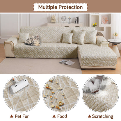 Elira Series Quilted One-Piece L Shape Sofa Cover Mat with Left and Right Chaise, Beige Abstract Geometry