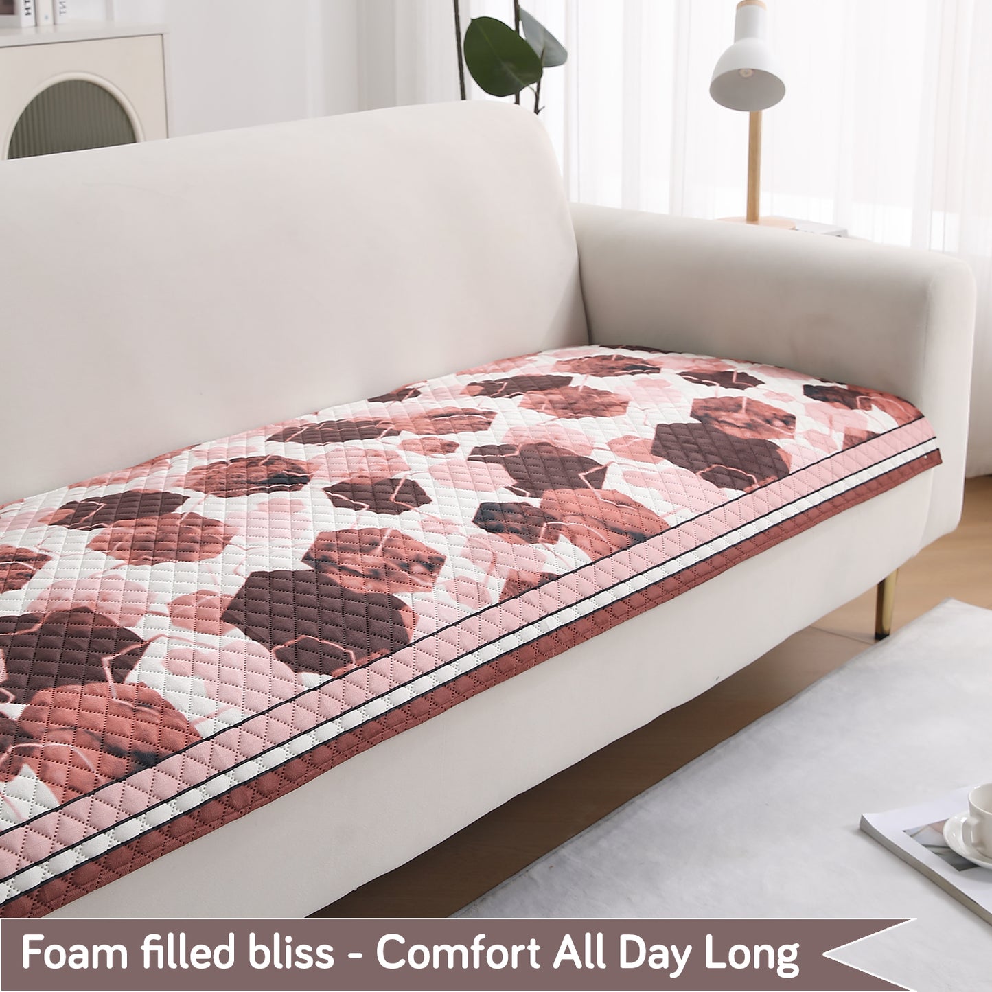 LiefNest Printed Holland Velvet Sofa Mat with Foam Filling - Geometric Hexagon Cider Red for 1/2/3 Seater & Armrest