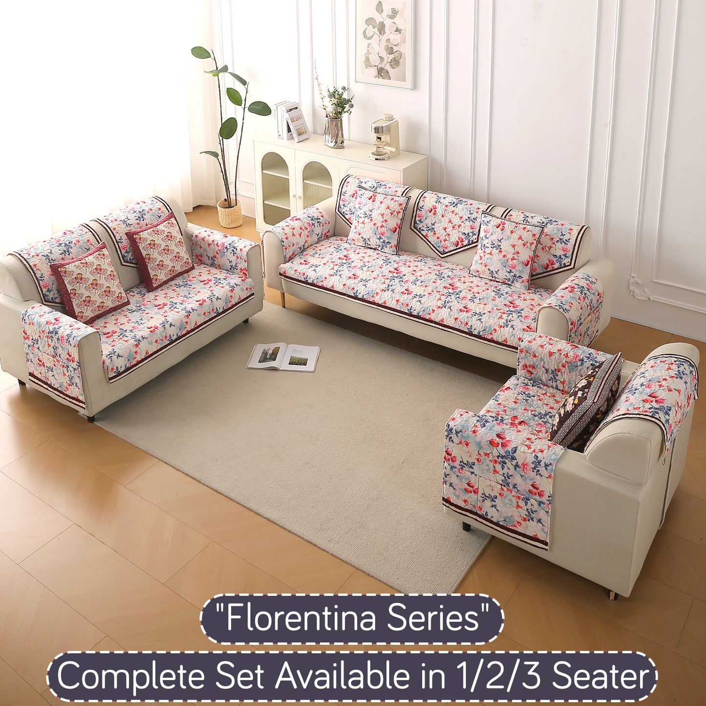 Florentina Series Printed Holland Velvet Sofa Mat - Scarlet Rose Ivory