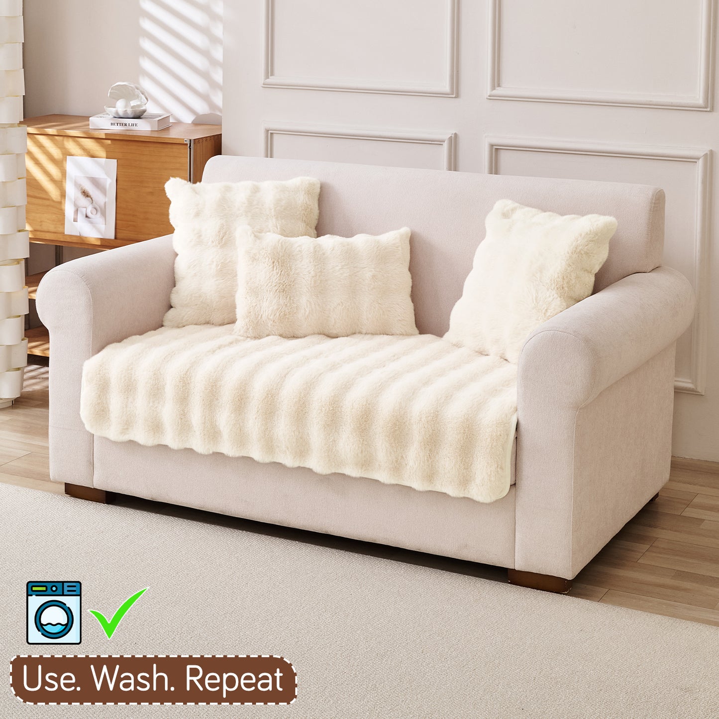 Premium Faux Rabbit Fur Anti Slip Sofa Mat for 1/2/3 Seater, Beige