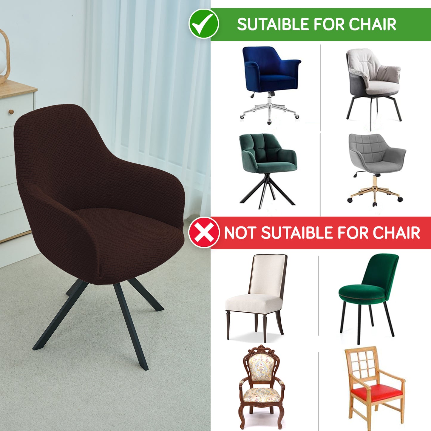 Premium Jacquard Fully Covered Cover for Swivel Dining Chair with Arms, Chocolate Brown