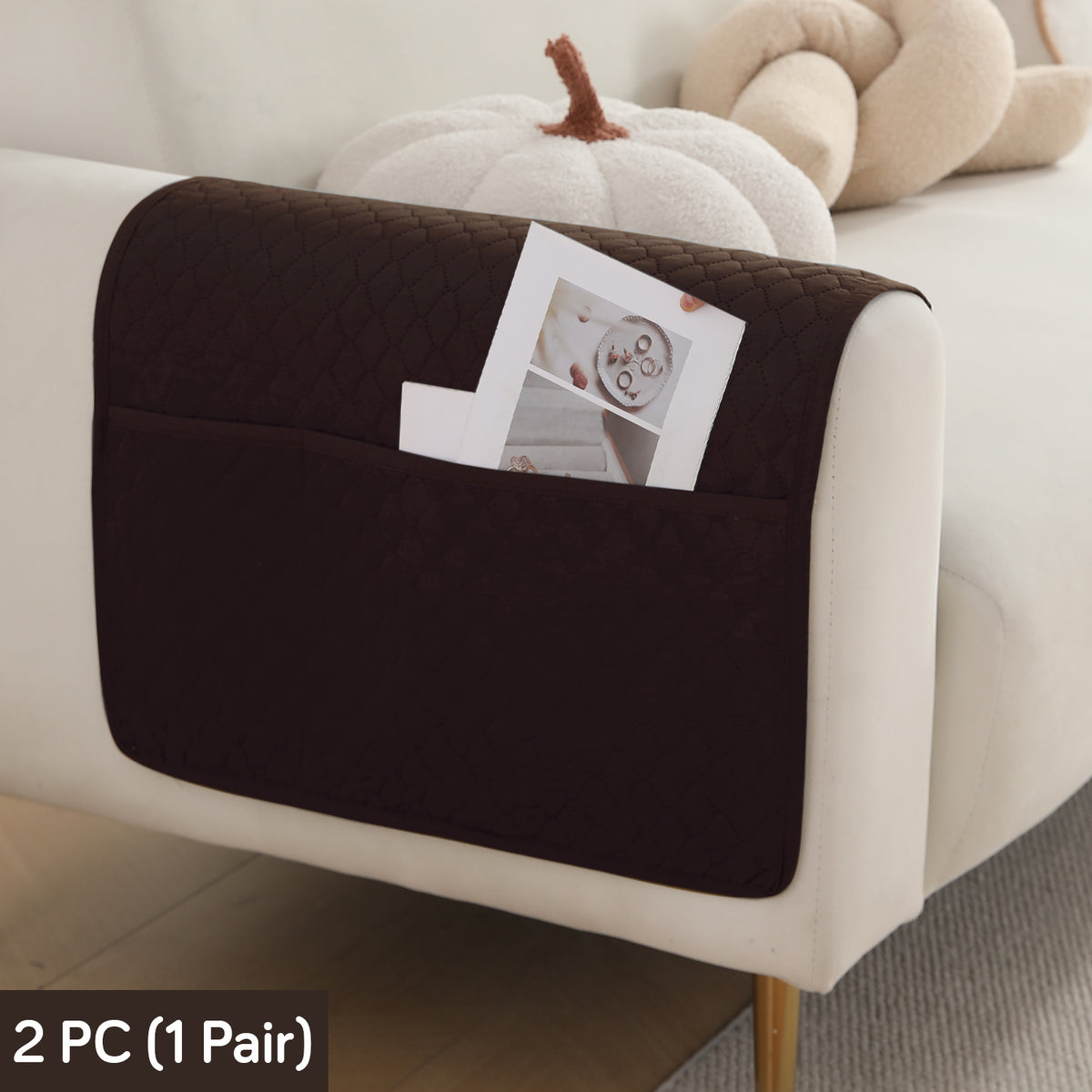 2 Pcs Quilted Sofa Armrest Cover, Dark Brown
