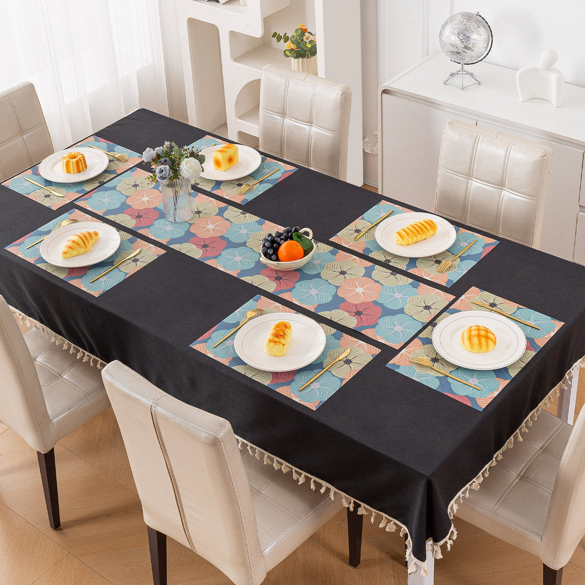 Color Splash PVC Mats for Dining Table, Floral Wheel - Teal Blue