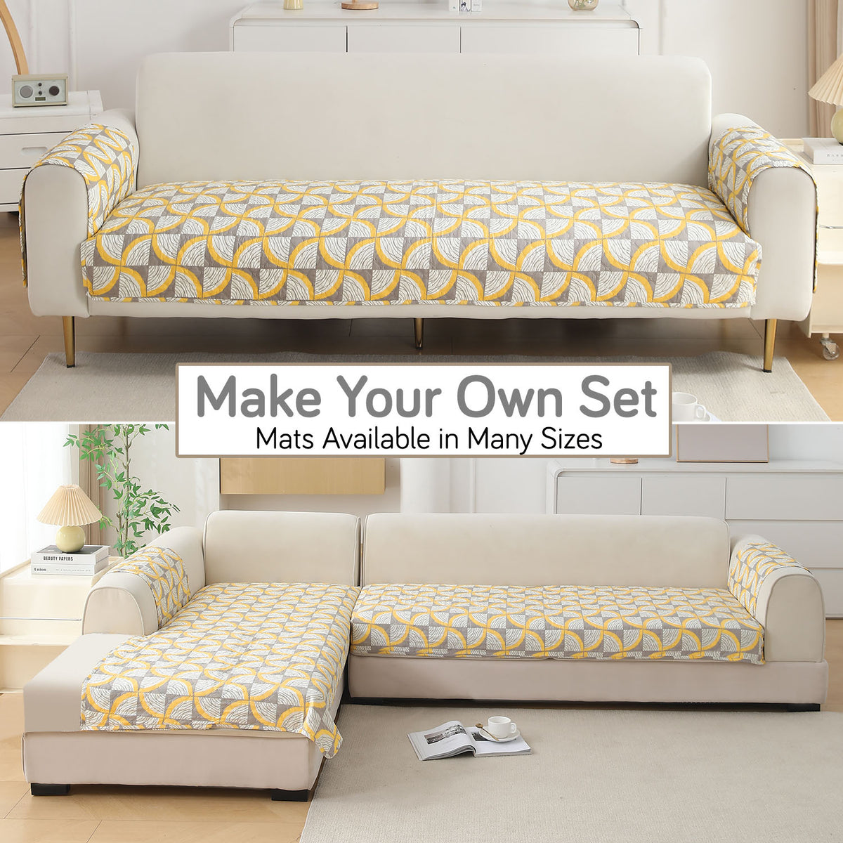 'Viva Casa' Printed Quilted Sofa Cover Mats, Windmill Cyber Yellow