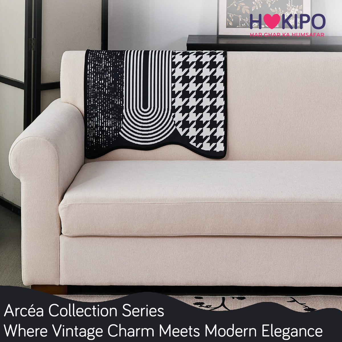 Arcea Chenille With Curved Edges Sofa Cover Mat, White Houndstooth