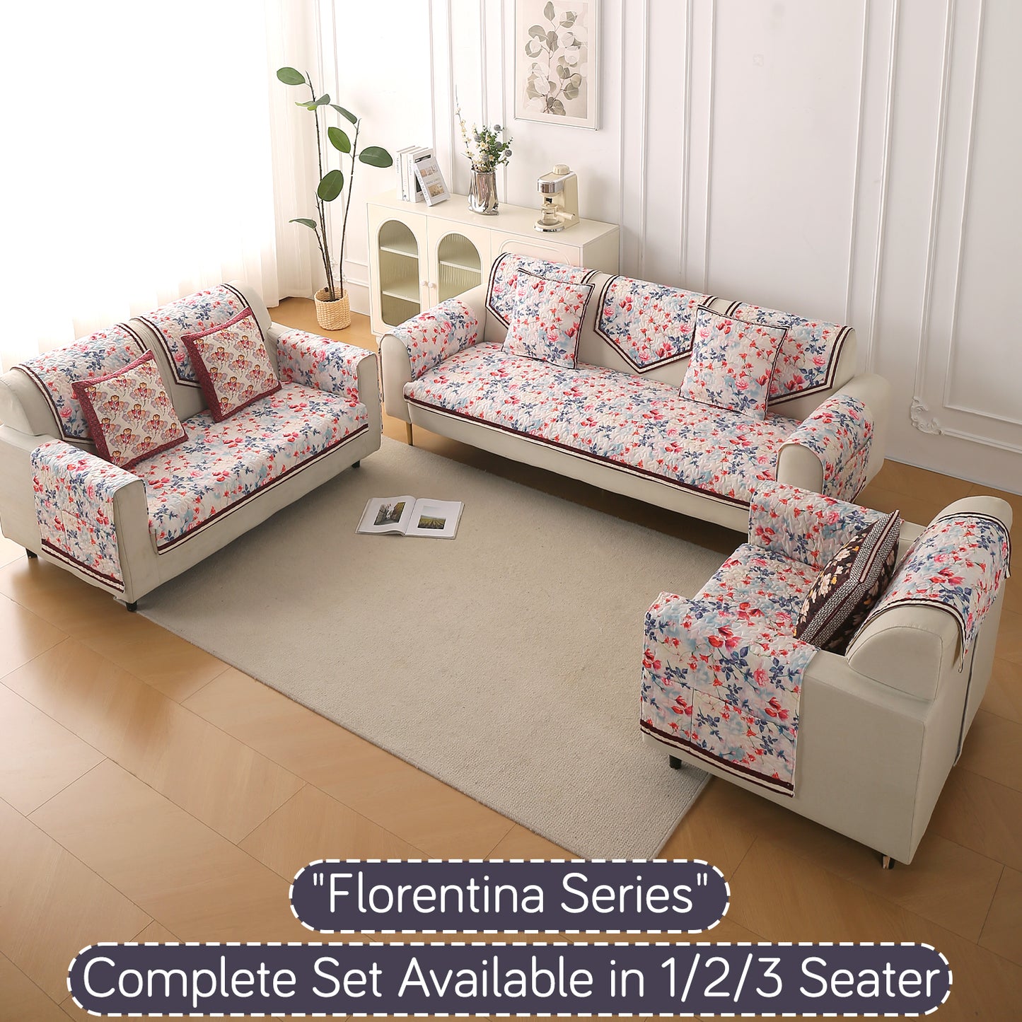 Florentina Series Printed Holland Velvet Sofa Mat - Scarlet Rose Ivory