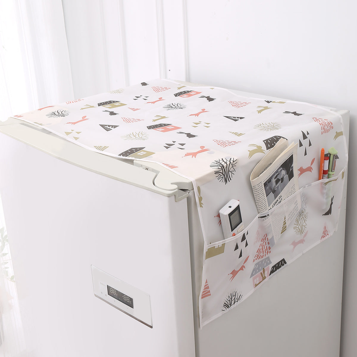 Small / Large Fridge Cover Top | For Smaller Single Door, Double Door and Bigger Double Door Refrigerator - Waterproof, Printed with 6 Side Pockets, Woodland Village