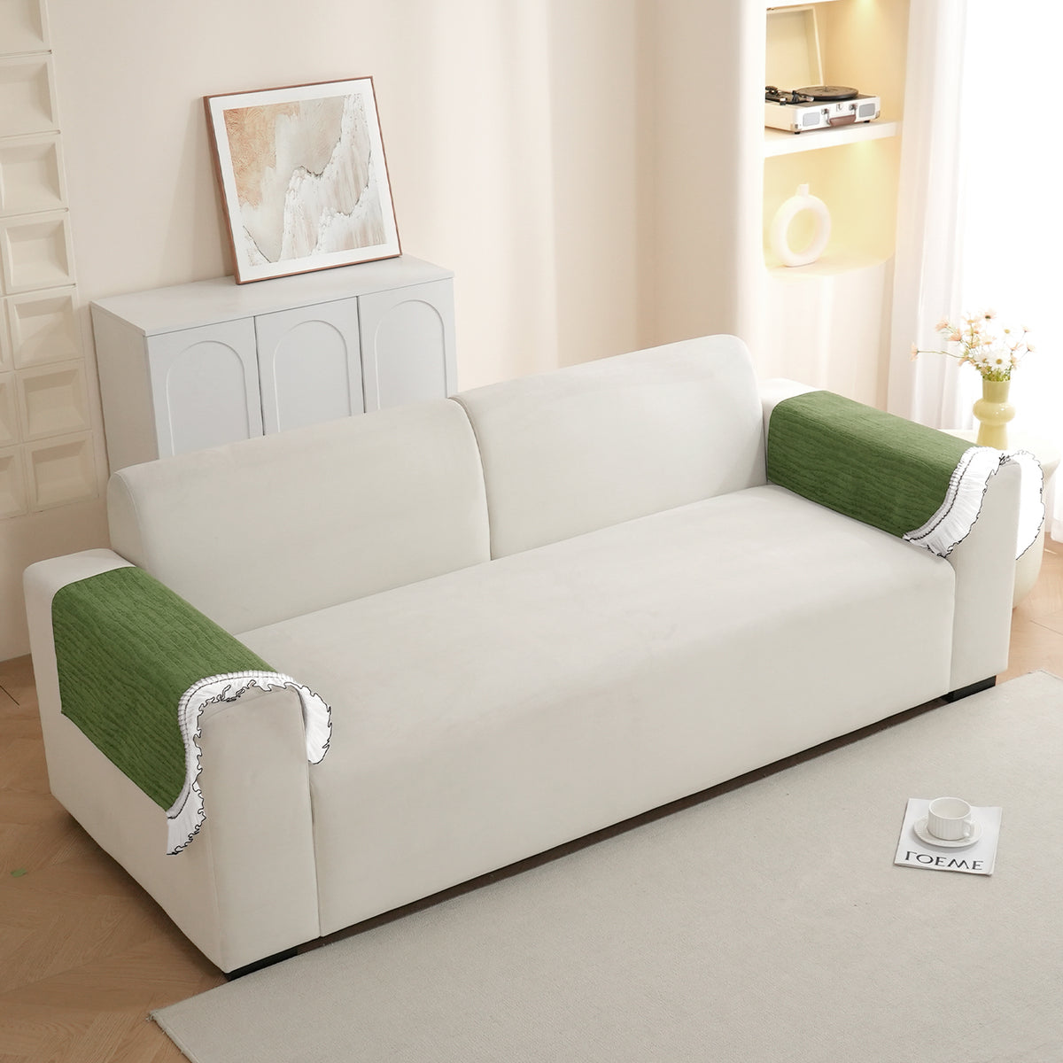 French Lace & Luxe with White Ruffle Edge Sofa Cover Mat, Willow Ash Green