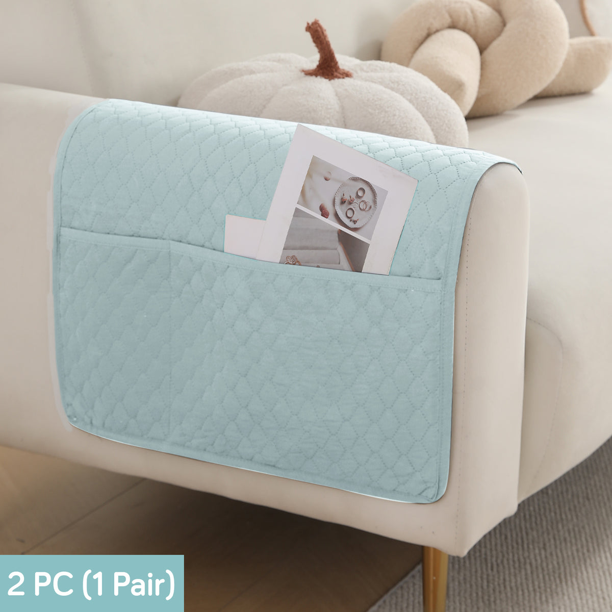 2 Pcs Quilted Sofa Armrest Cover, Light Sky Blue