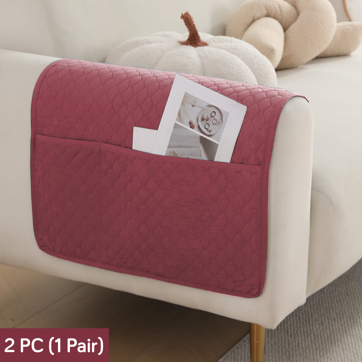 2 Pcs Quilted Sofa Armrest Cover, Mauve Pink