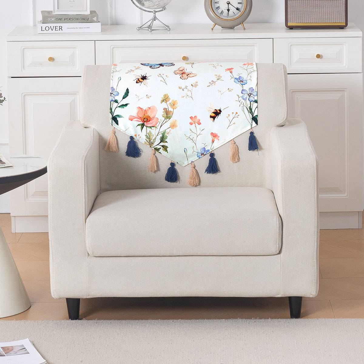 'Whispers of Nature' Series Holland Velvet Sofa Mat with Tassel, Pastel Butterfly Meadow