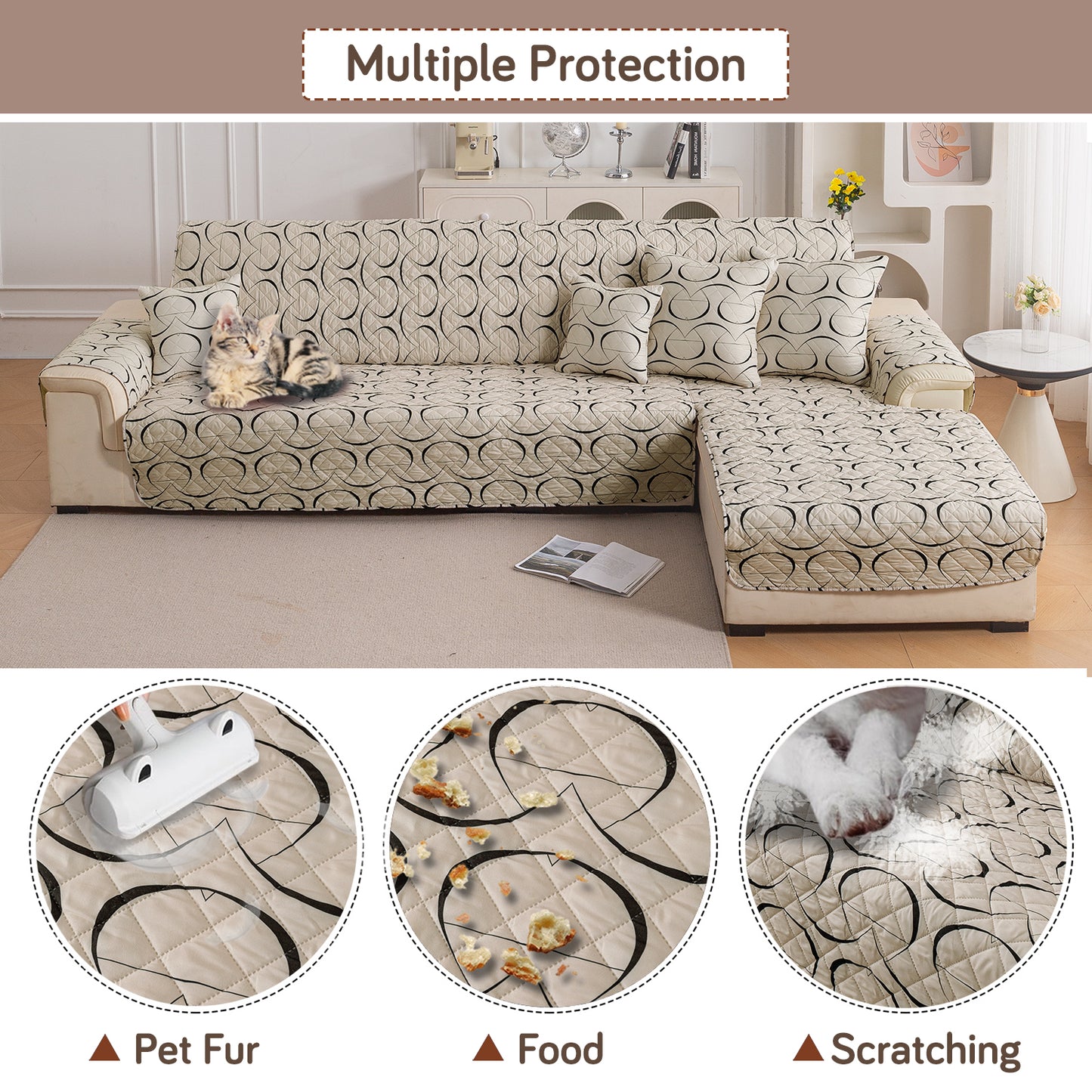 Elira Series Quilted One-Piece L Shape Sofa Cover Mat with Left and Right Chaise, Natural Beige Abstract Art