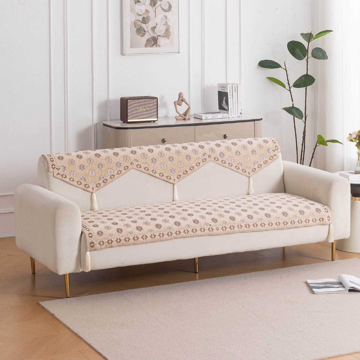 Heritage Weave Premium Jacquard Sofa Cover Set with Tassels - Sandy Beige