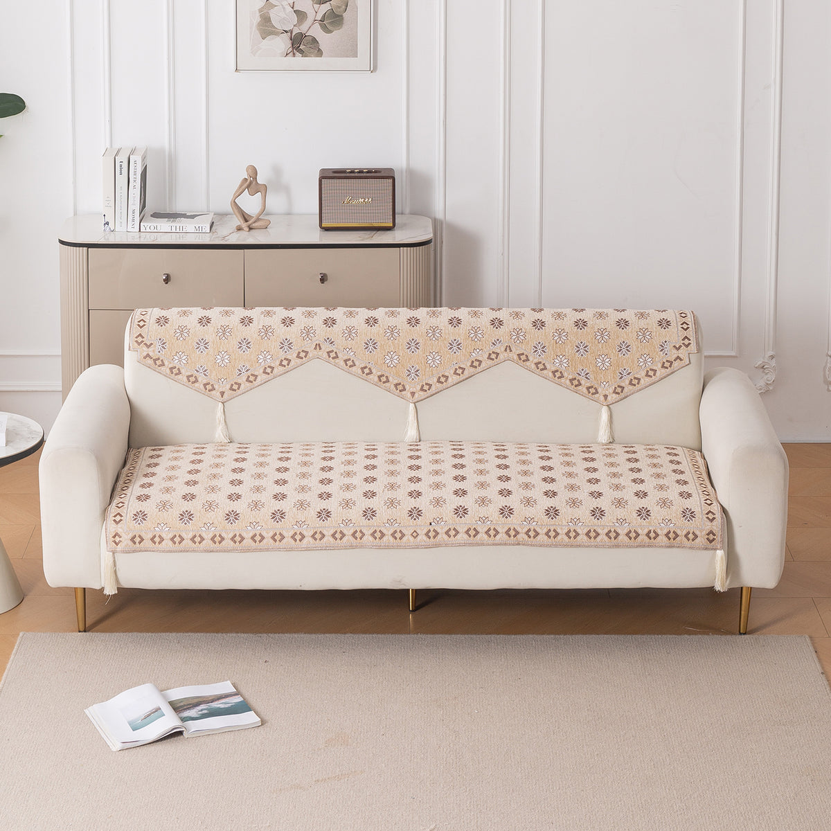 Heritage Weave Premium Jacquard Sofa Cover Set with Tassels - Sandy Beige
