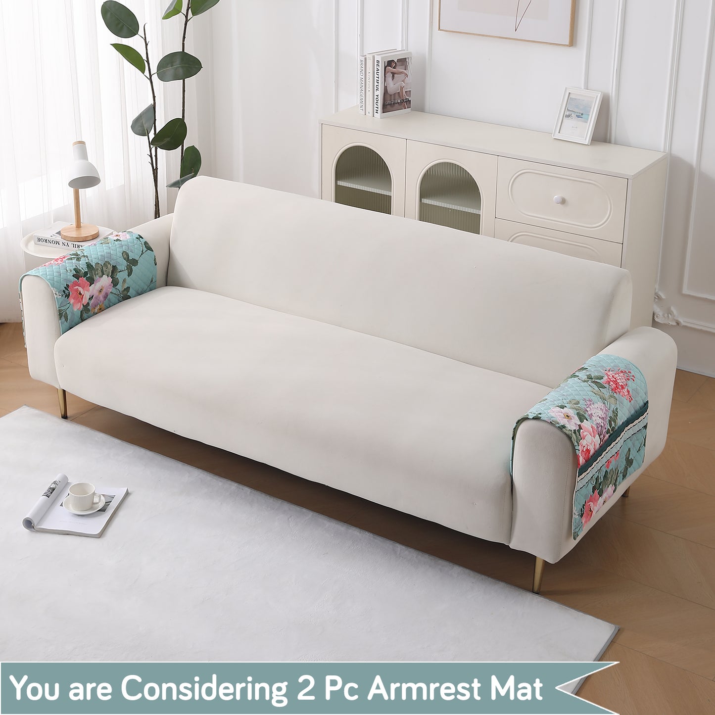 LiefNest Printed Holland Velvet Sofa Mat with Foam Filling - Fresh Floral Pastel Blue for 1/2/3 Seater & Armrest