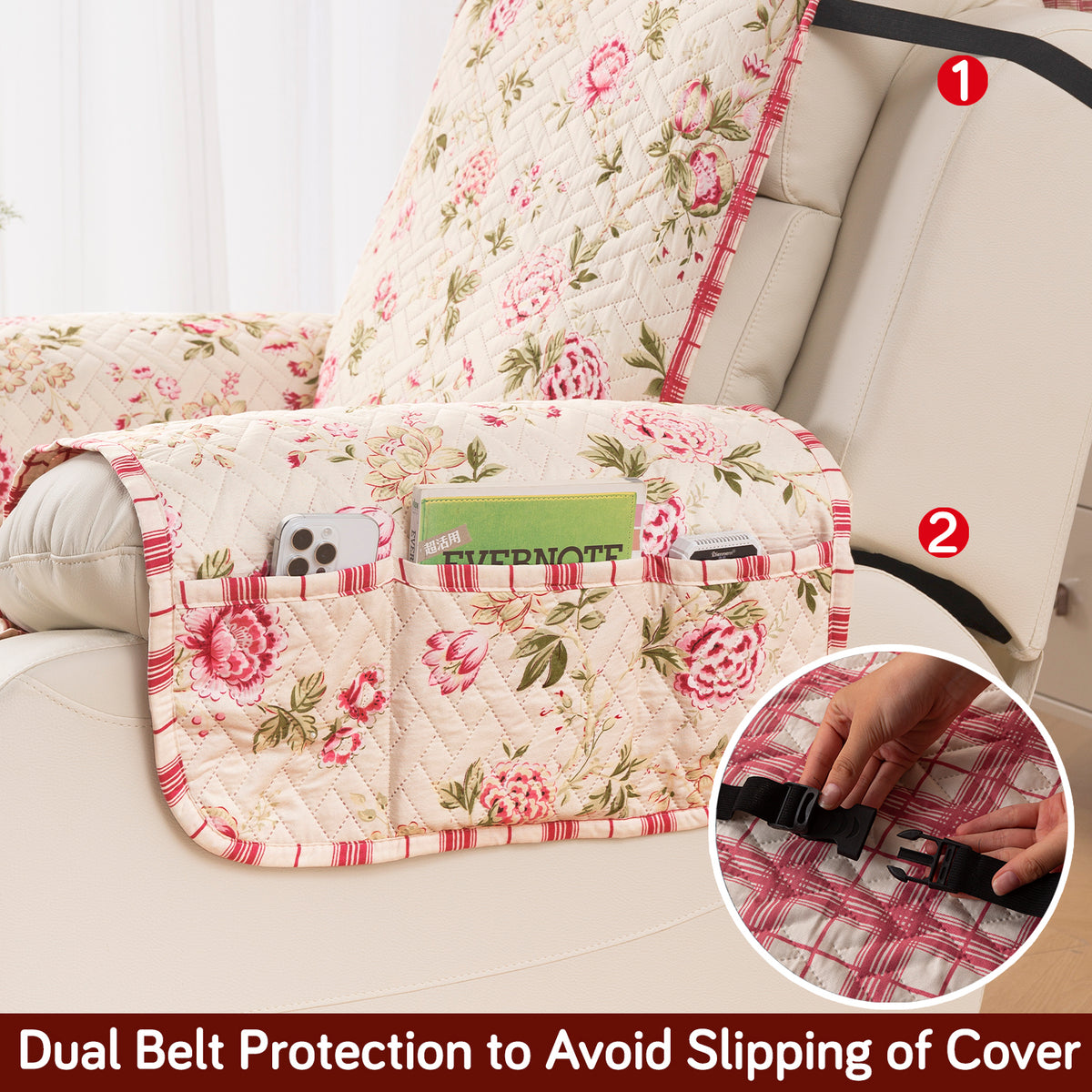 Quilted Cover for Recliner Sofa with SecureFit Belt & Side Pocket, Beige Peonies