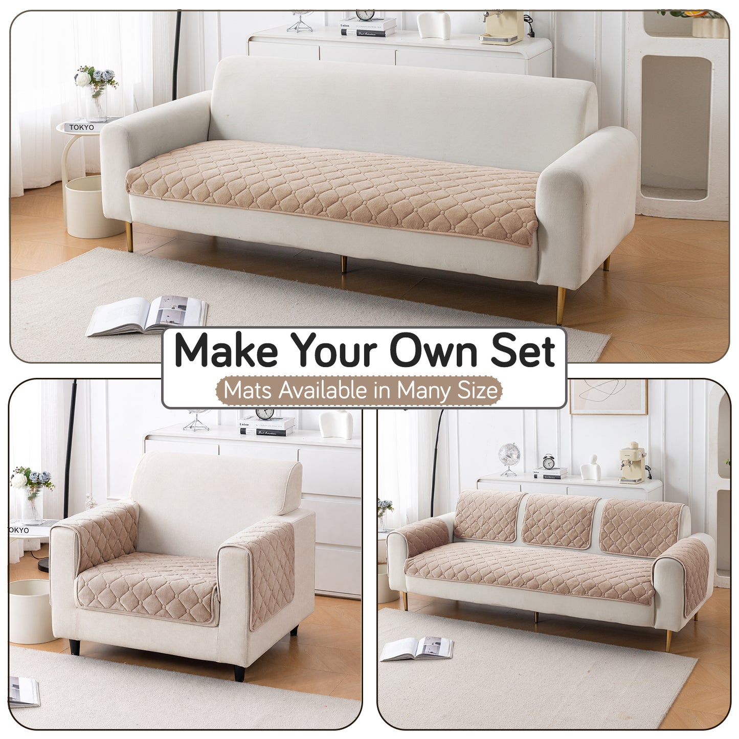 Diamond Tuft Plush Sofa Cover Mat, Warm Taupe