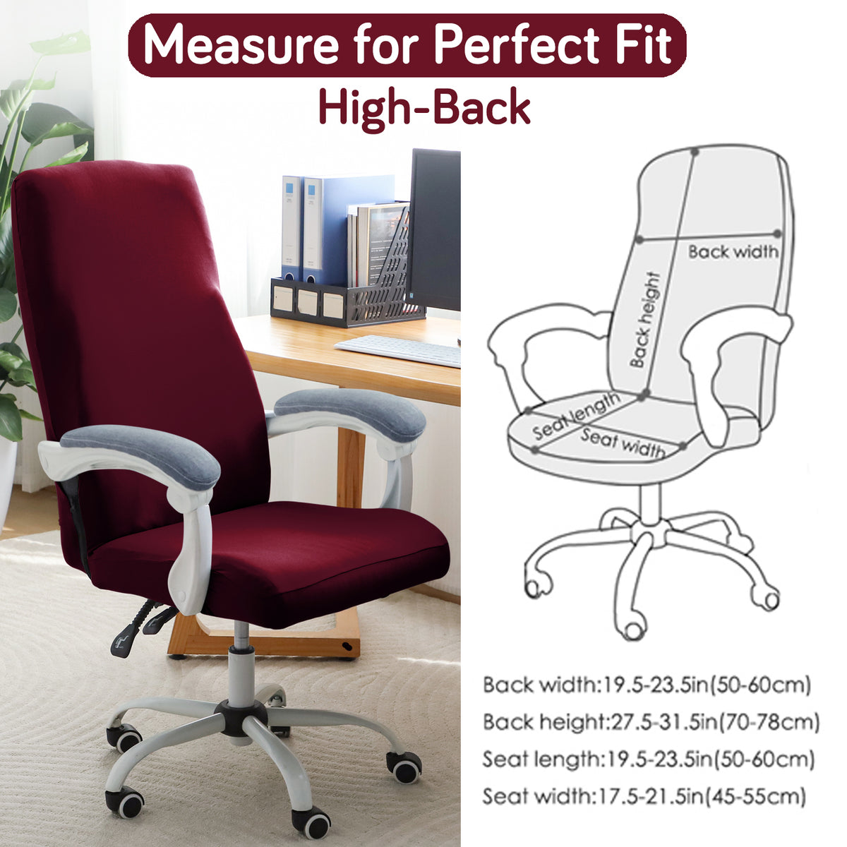 Office Chair Cover for Executive Chair (High-Back) – 140 GSM Stretchable Fabric – Washable & Anti-Slip – Fits Big & Tall Office Chairs, Burgundy