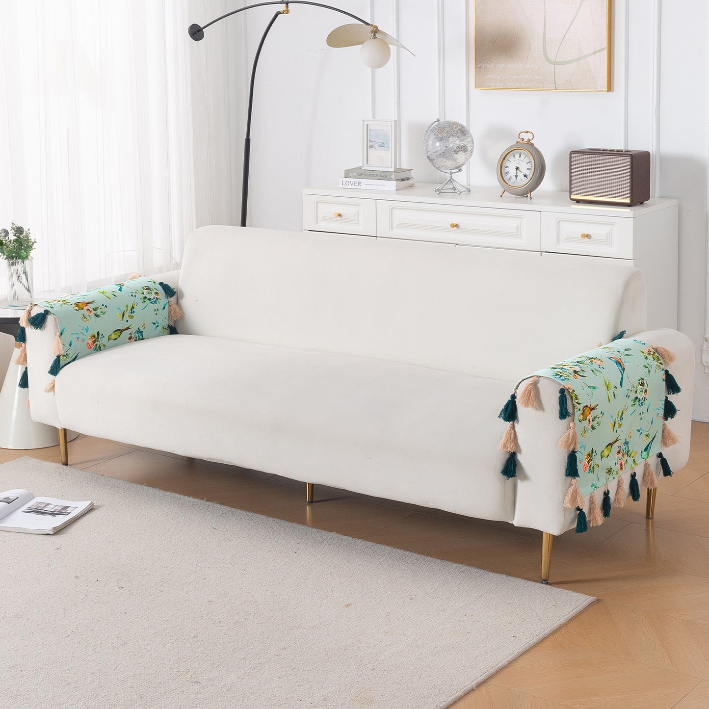 'Whispers of Nature' Series Holland Velvet Sofa Cover with Tassel, Mint Birdsong Blossom