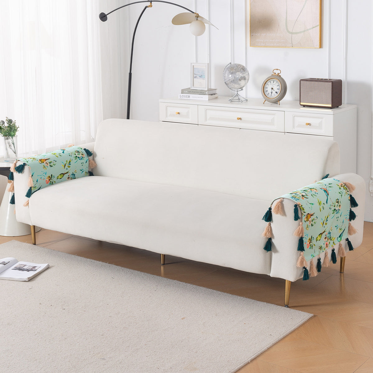 'Whispers of Nature' Series Holland Velvet Sofa Cover with Tassel, Mint Birdsong Blossom