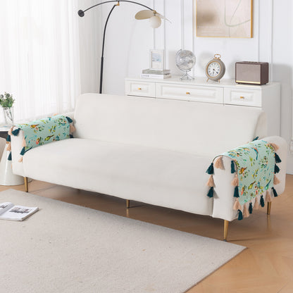 'Whispers of Nature' Series Holland Velvet Sofa Cover with Tassel, Mint Birdsong Blossom