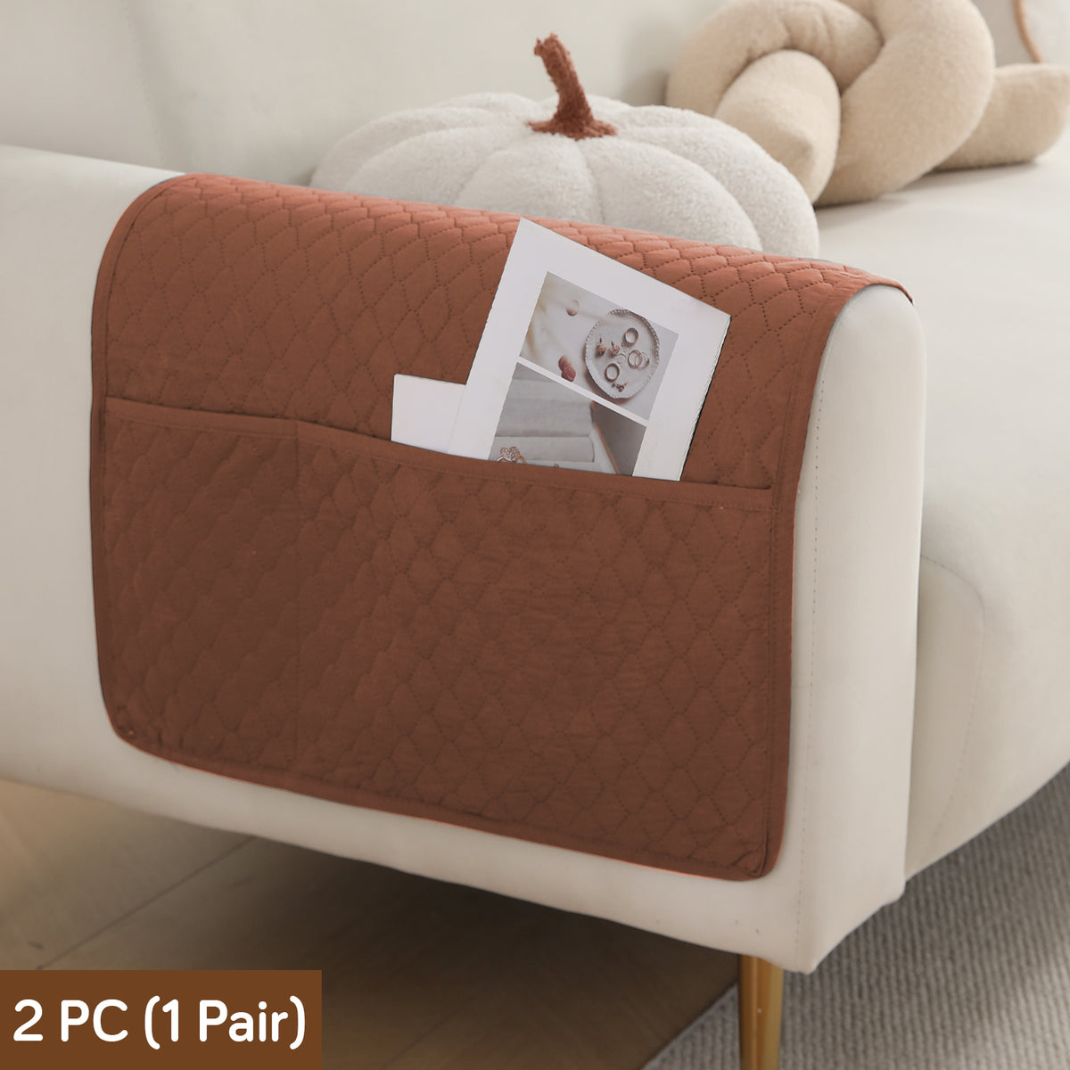 2 Pcs Quilted Sofa Armrest Cover, Brown
