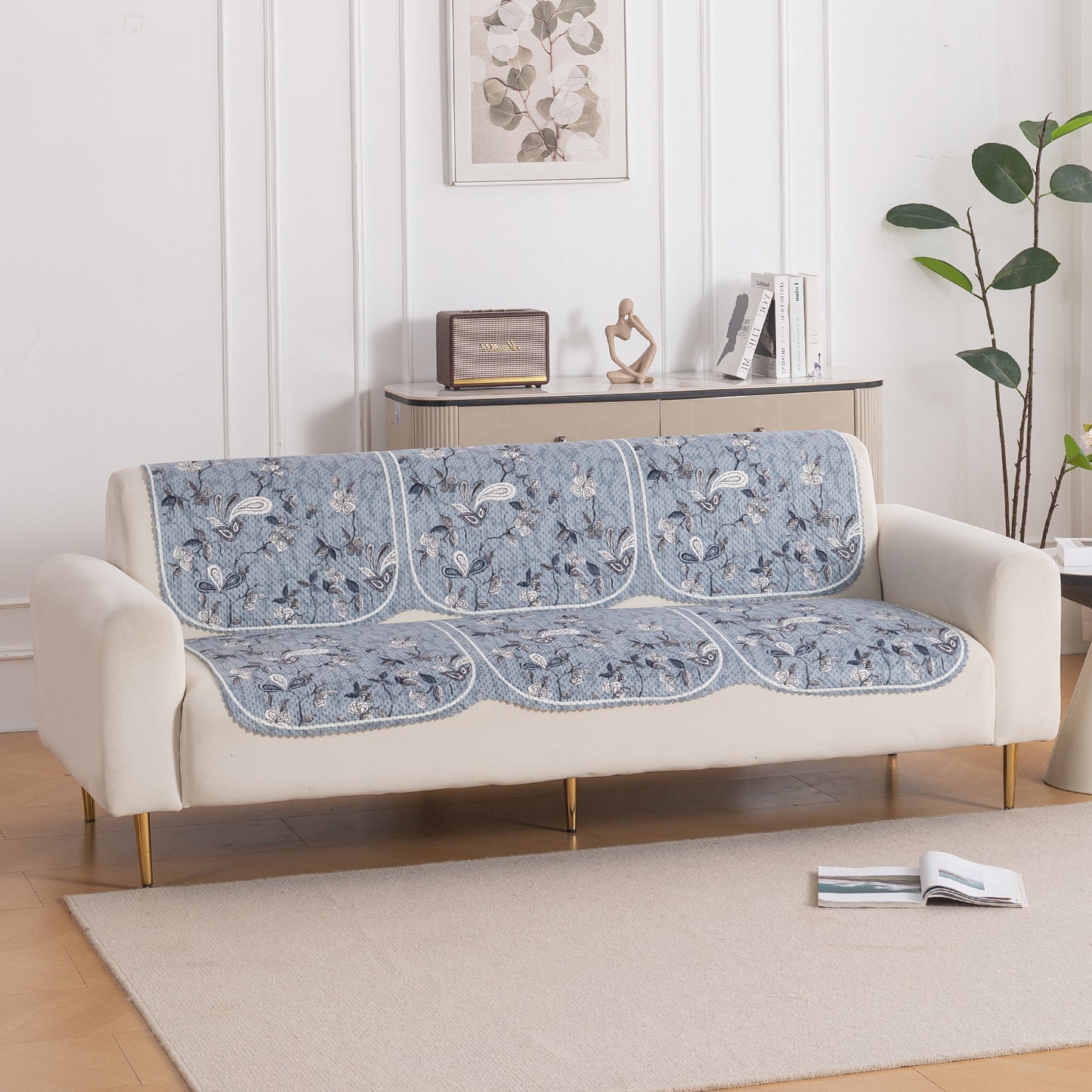 HeavenHue Fleece Soft Touch Quilted Sofa Cover Set Washable Sofa Panel for Seat & Back - Frosted Petals