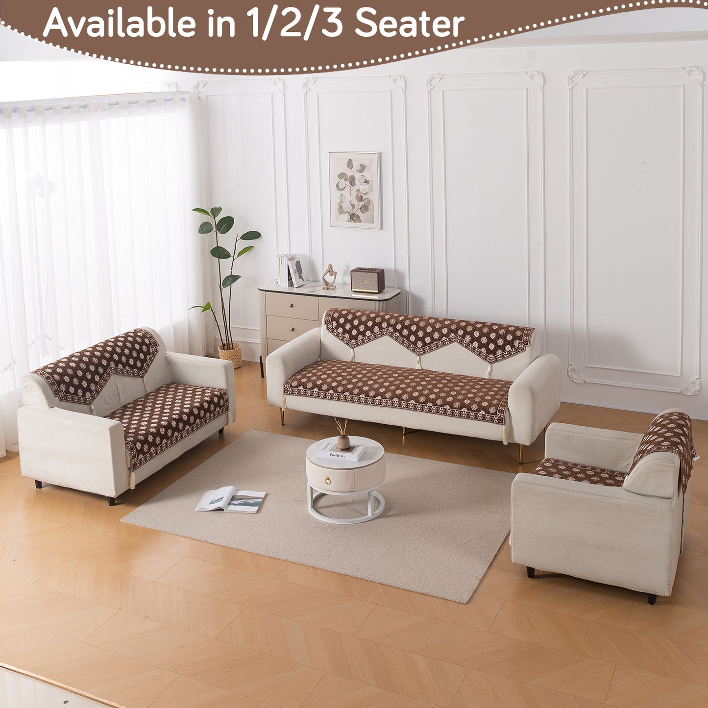 Heritage Weave Premium Jacquard Sofa Cover Set with Tassels - Russet Brown