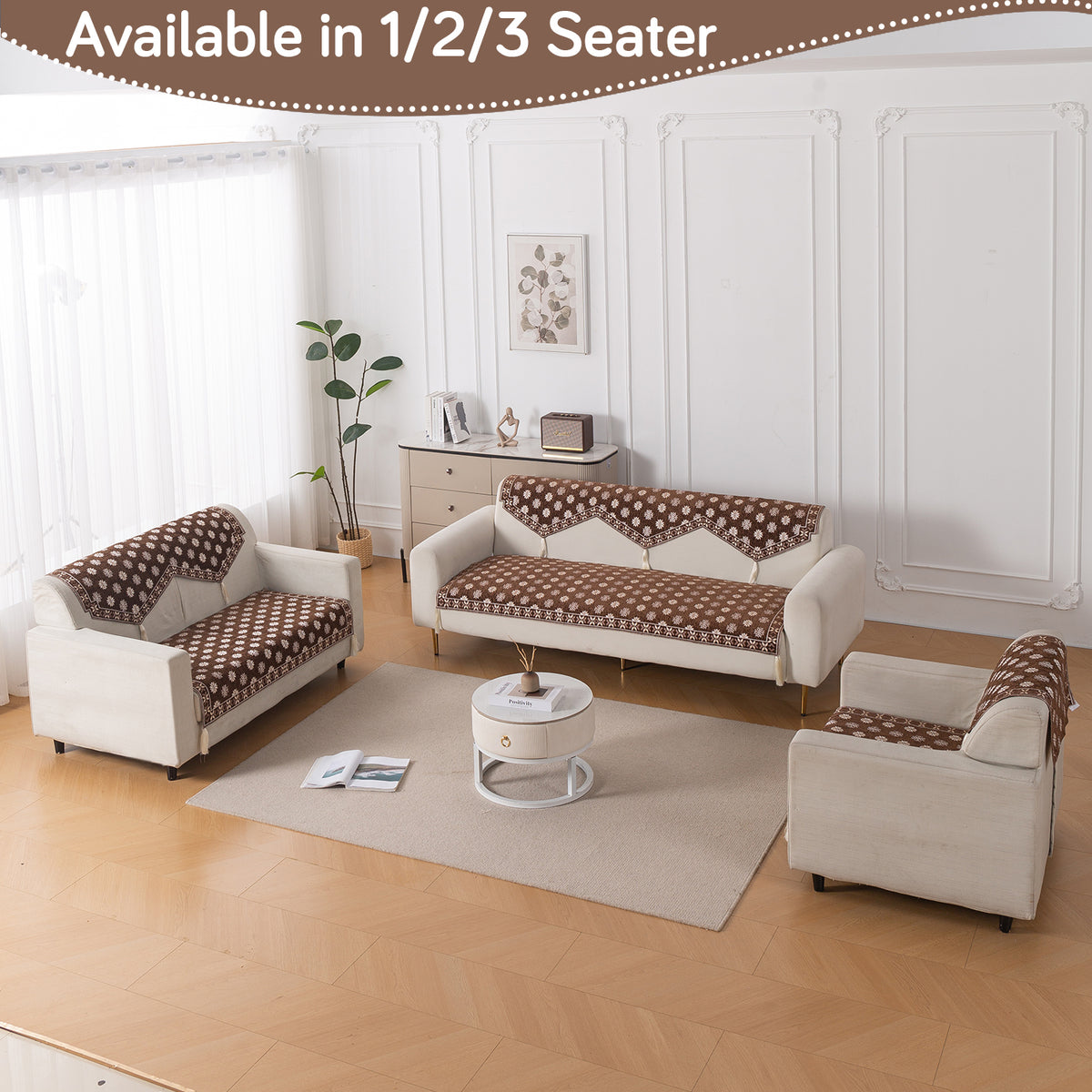 Heritage Weave Premium Jacquard Sofa Cover Set with Tassels - Russet Brown