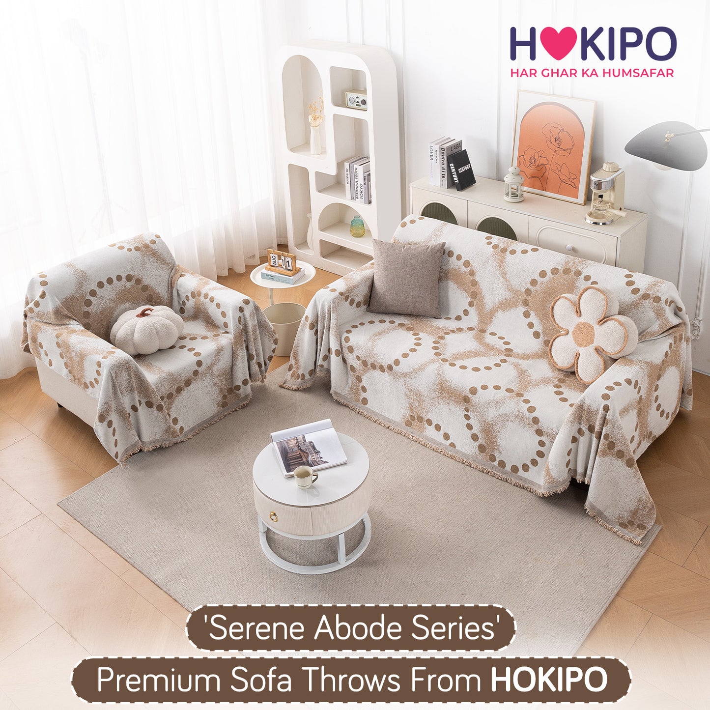 HOKIPO Premium 320 GSM Chenille Sofa Cover All Season 'Serene Abode Series', Latte Dotted Wave