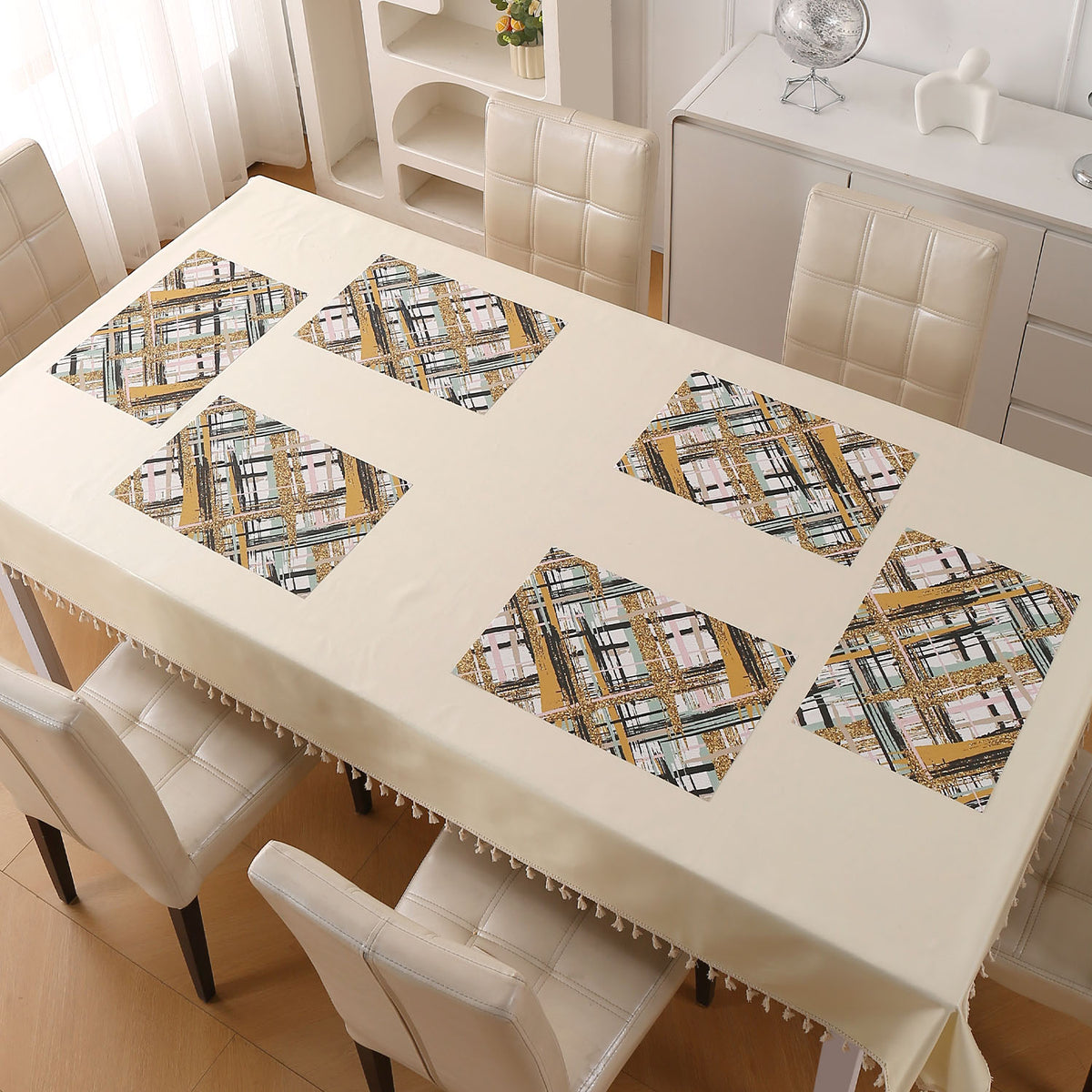 Marble Fusion PVC Mats for Dining Table, Crosshatch - Mustard Gold