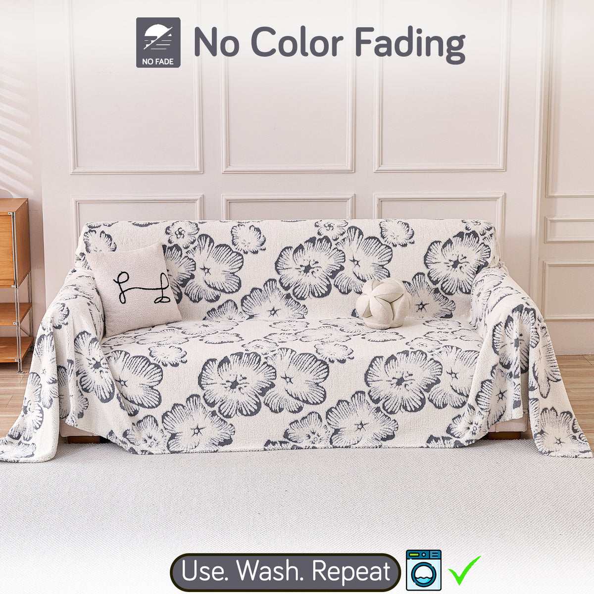 Buy Pearl Grey Colour Camellia Blossom Luxury Plush Sofa Cover – 3 Seater Sofa | HOKIPO