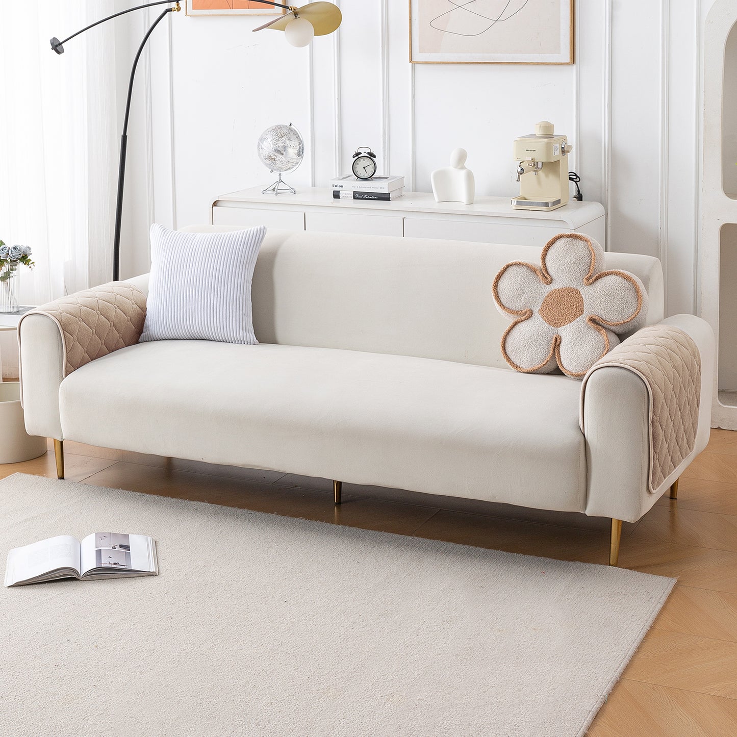 Diamond Tuft Plush Sofa Cover Mat, Warm Taupe