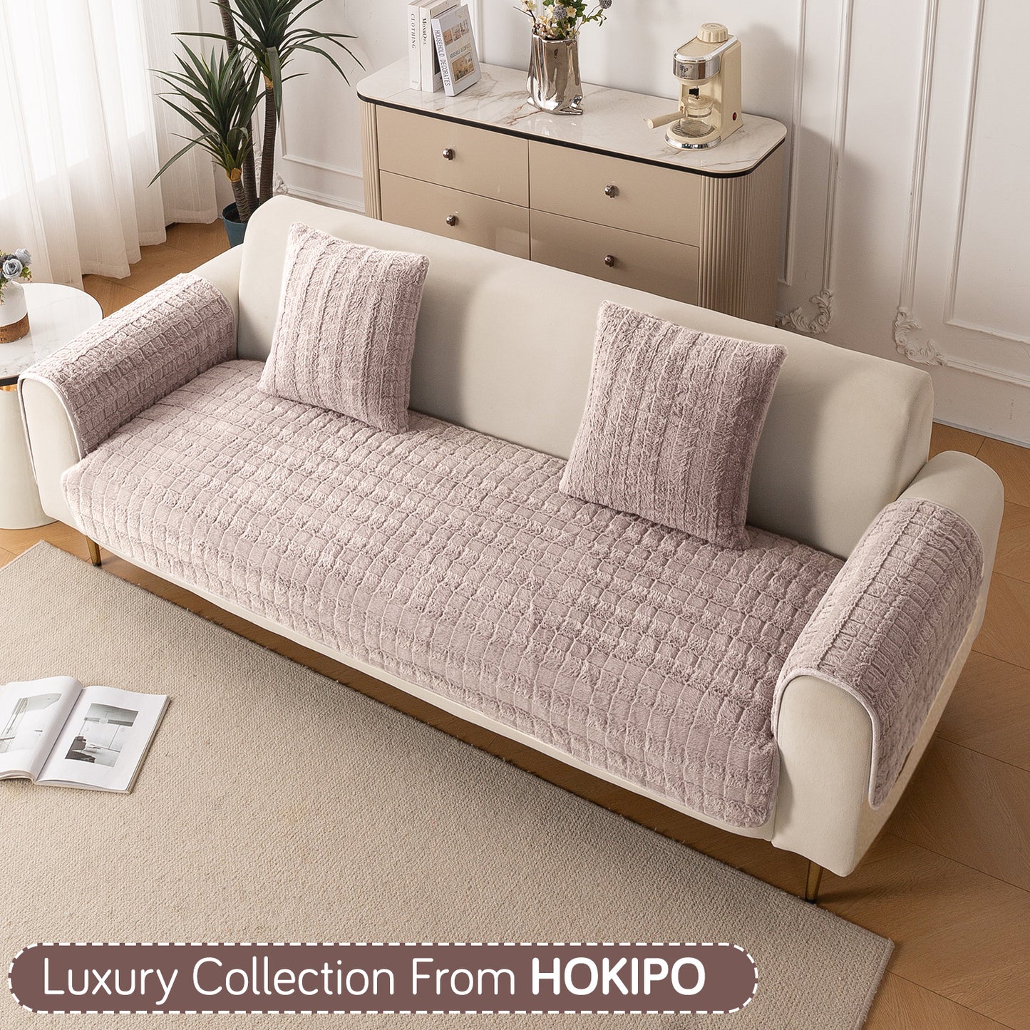 Luxury Plush Anti Slip Sofa Cover Mat with 2 Arm Cover, Beige