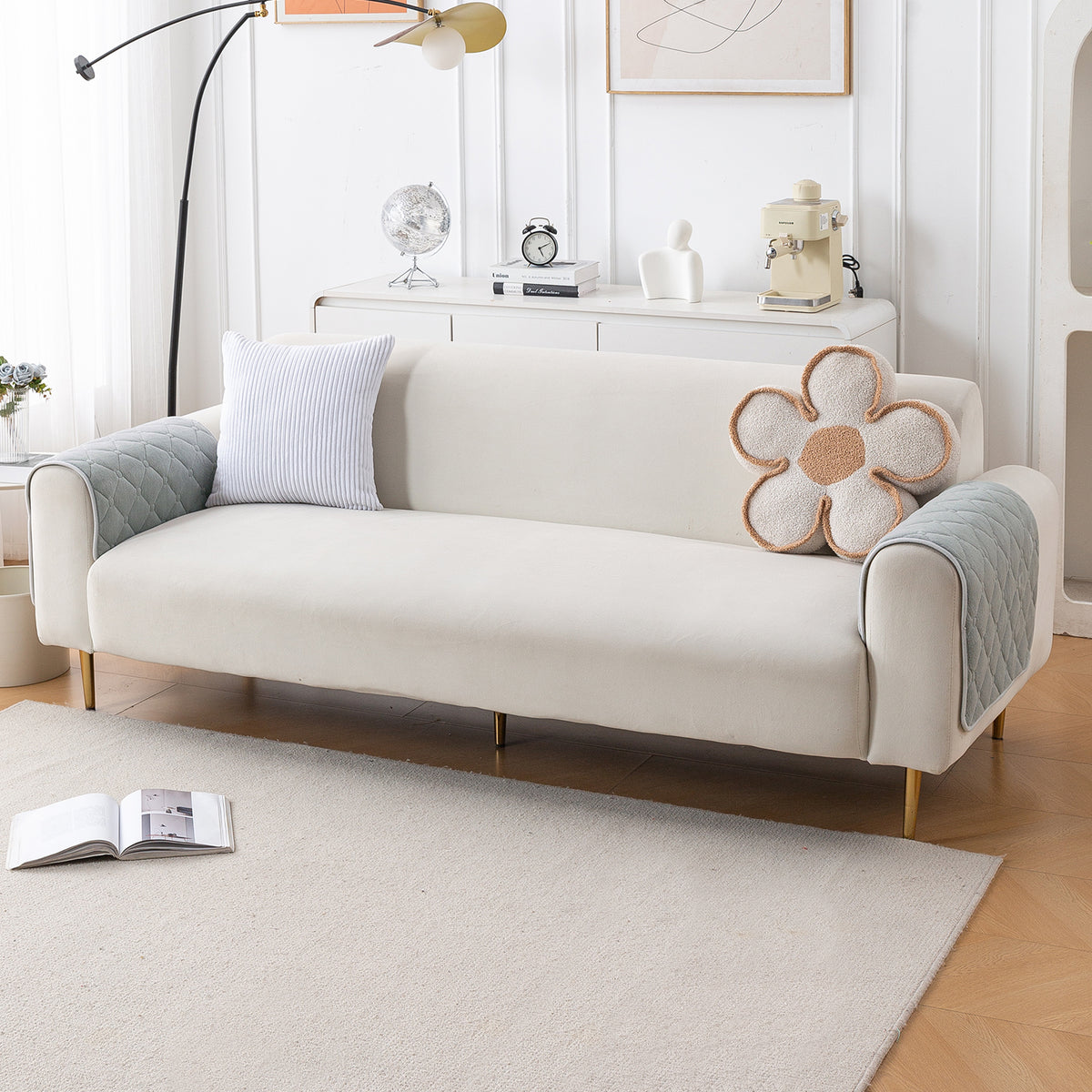 Diamond Tuft Plush Sofa Cover Mat, Mist Grey