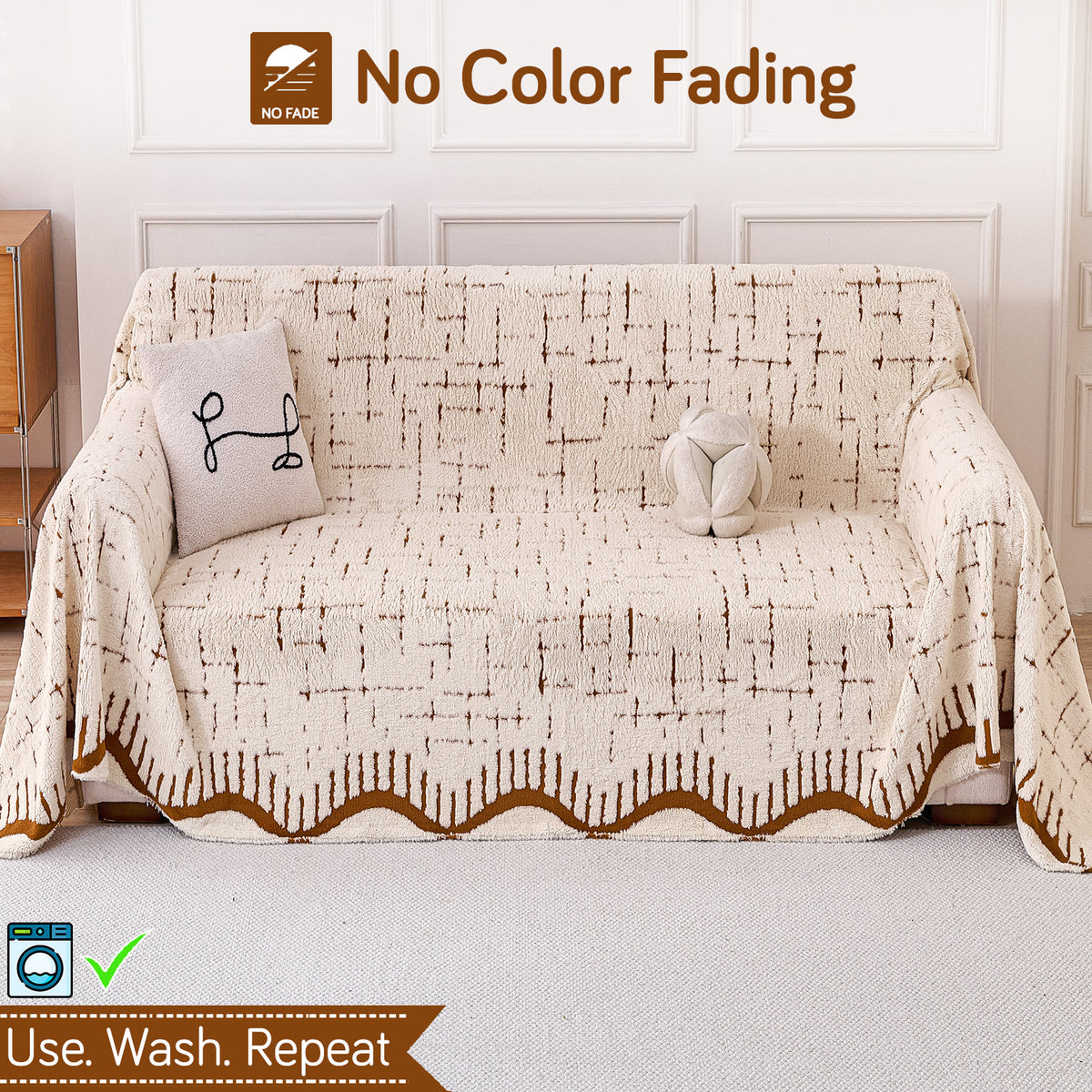 Buy Cream Brown Colour Supple Soft Wavy Plush Sofa Throw Cover – 2 Seater Sofas | HOKIPO