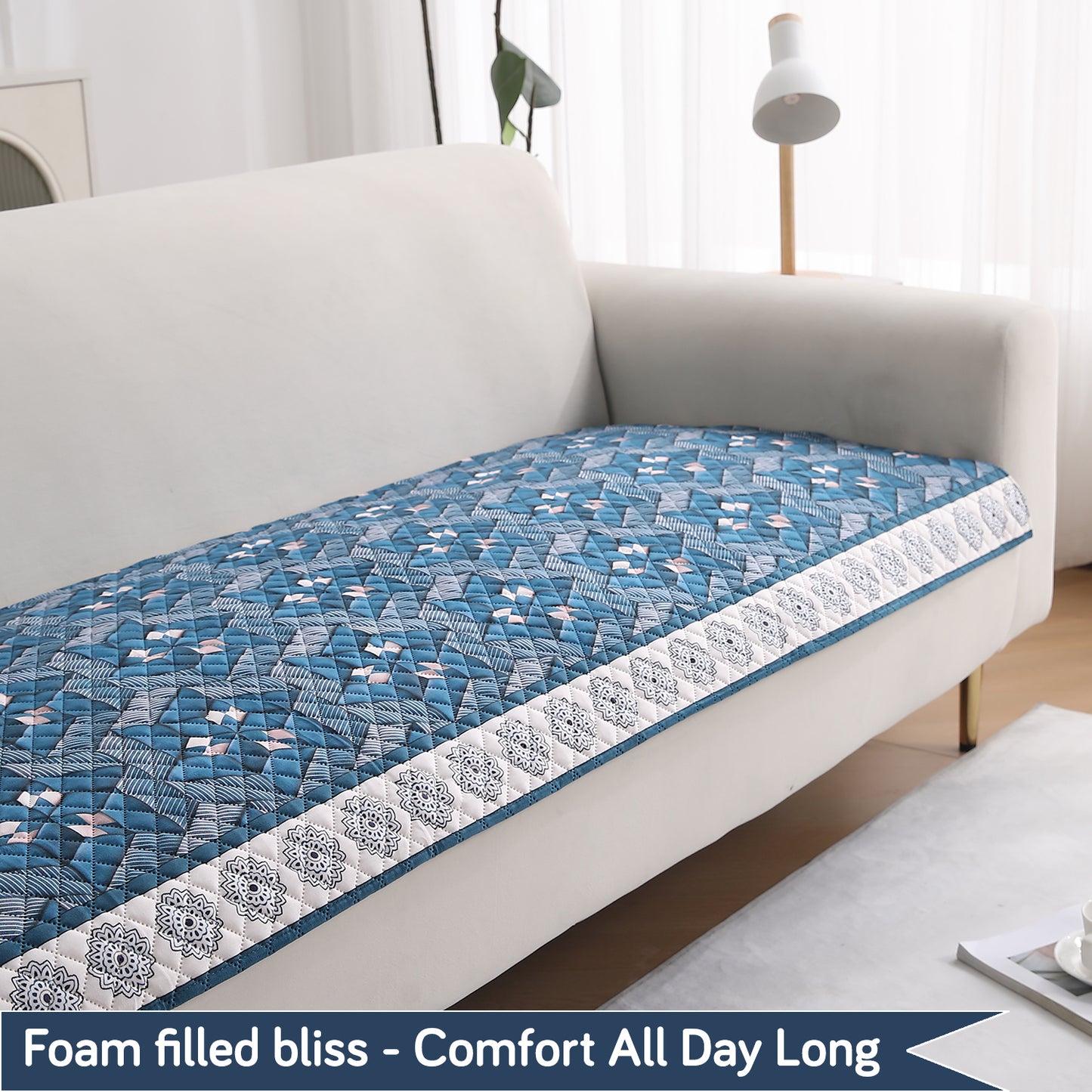 LiefNest Printed Holland Velvet L Shape Sofa Seat Mat with Foam Filling - Geometric Floral Oriental Blue