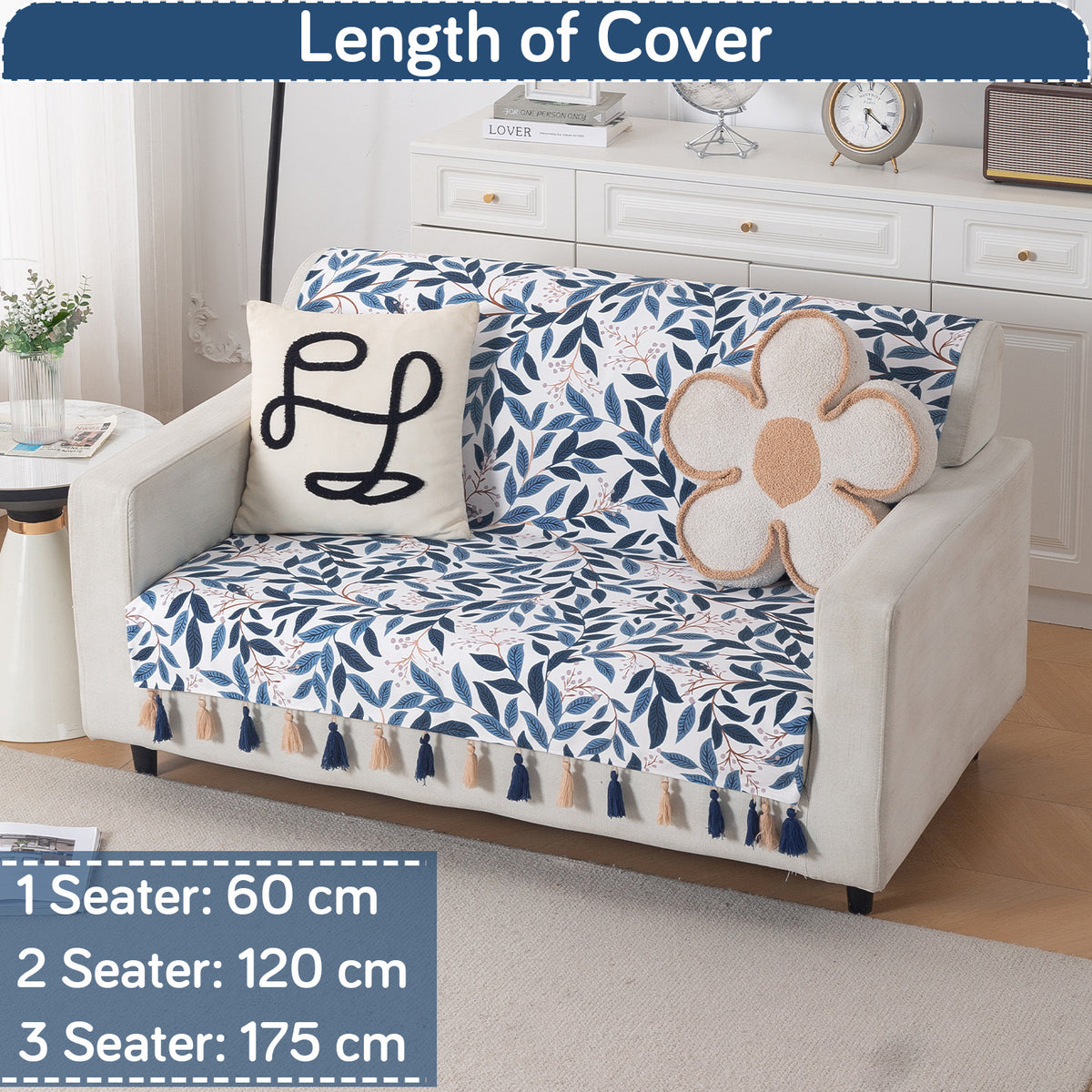 'Whispers of Nature' Series Holland Velvet Sofa Cover with Tassel, Indigo Foliage