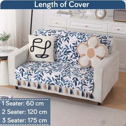 'Whispers of Nature' Series Holland Velvet Sofa Cover with Tassel, Indigo Foliage