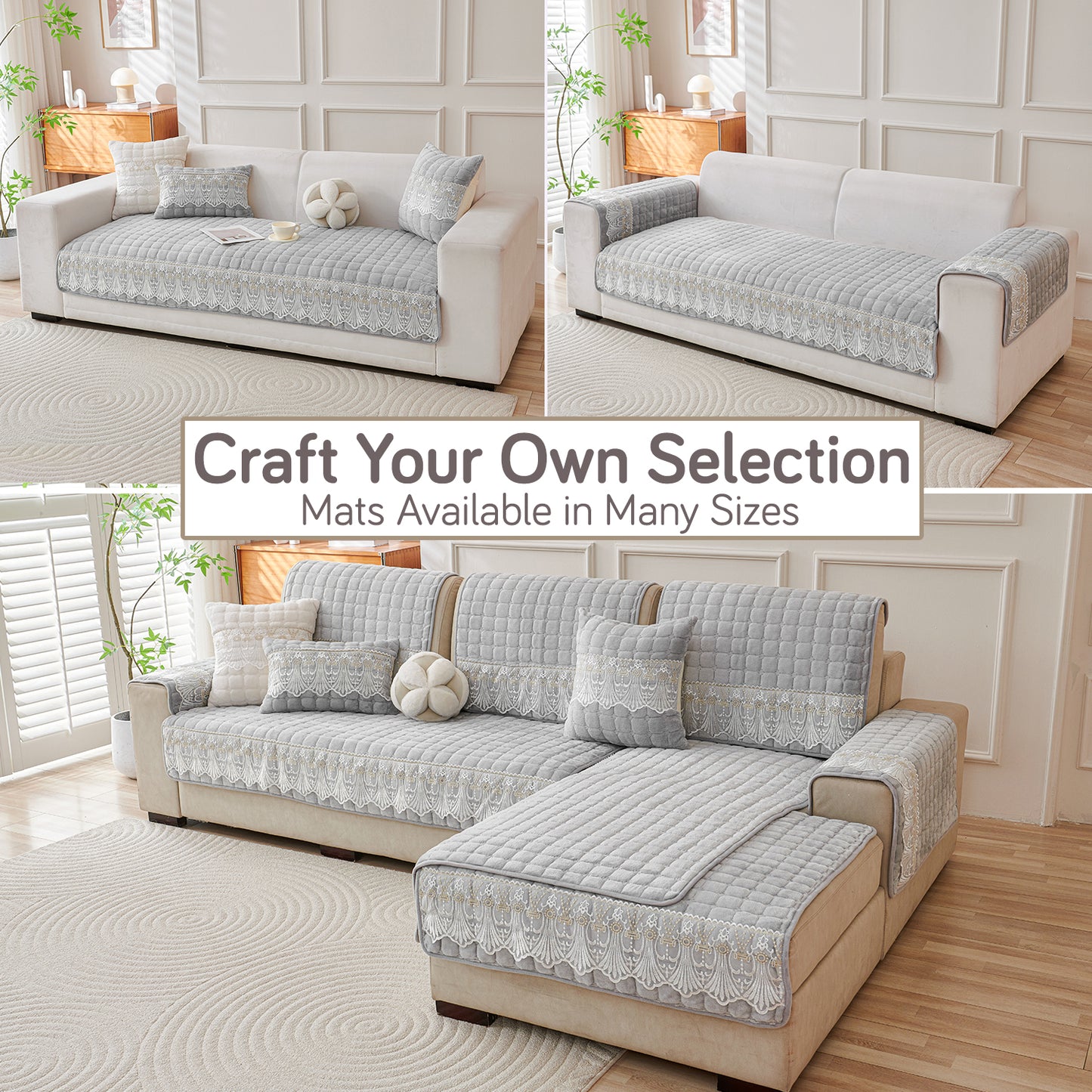 BelleLace Series Imperial Milk Velvet Sofa Cover Mat with Lace Design - Cloud Grey