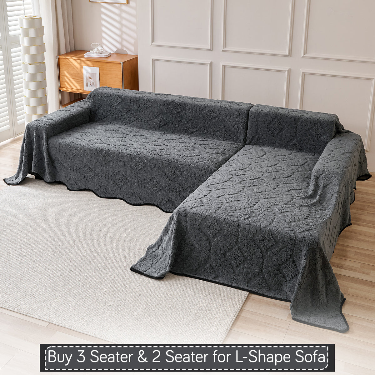 Buy Charcoal Grey Colour Wavy Petal Crest Series Plush Sofa Throw for L-shape Sofas - 3 & 2 Seater Sofa Sets | HOKIPO