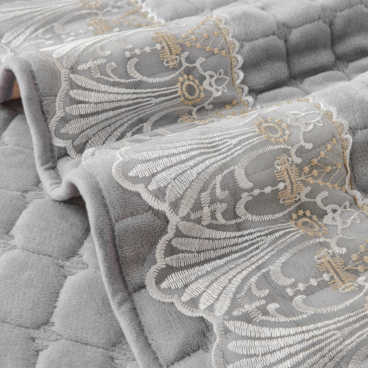 BelleLace Series Imperial Milk Velvet L Shape Sofa Cover Mat with Lace Design - Cloud Grey