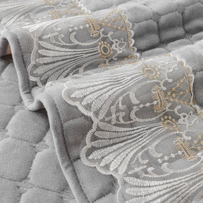 BelleLace Series Imperial Milk Velvet L Shape Sofa Cover Mat with Lace Design - Cloud Grey