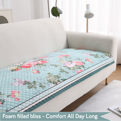 LiefNest Printed Holland Velvet Sofa Mat with Foam Filling - Fresh Floral Pastel Blue for 1/2/3 Seater & Armrest