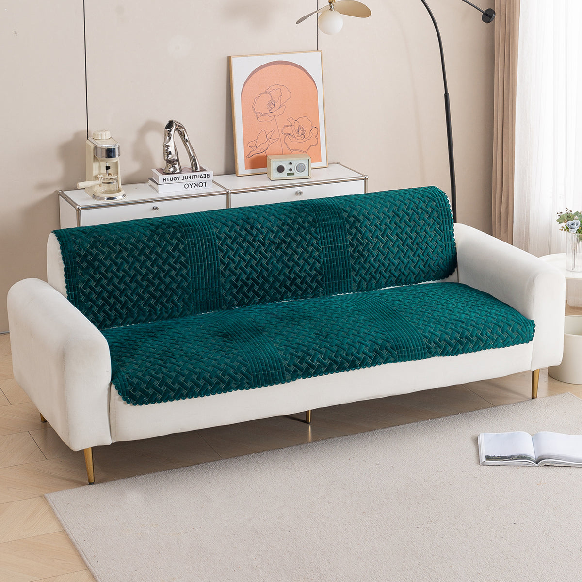 Modern Matrix 5-Seater Reversible Sofa Cover (3+1+1), Emerald Green