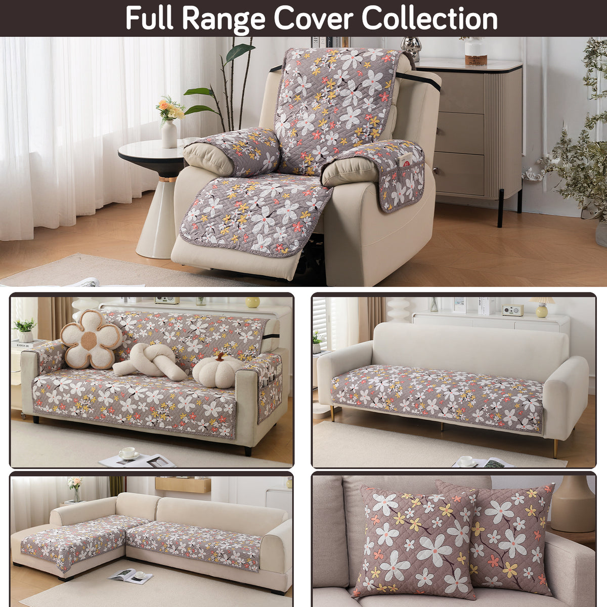 Quilted Cover for Recliner Sofa with SecureFit Belt & Side Pocket, Pastel Brown Sandwort Flower